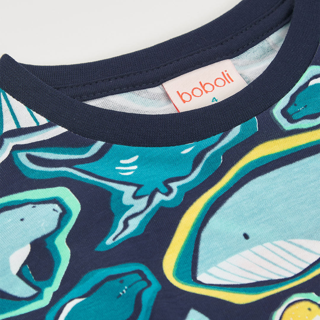 T-shirt mezza manica blu balene e foche
