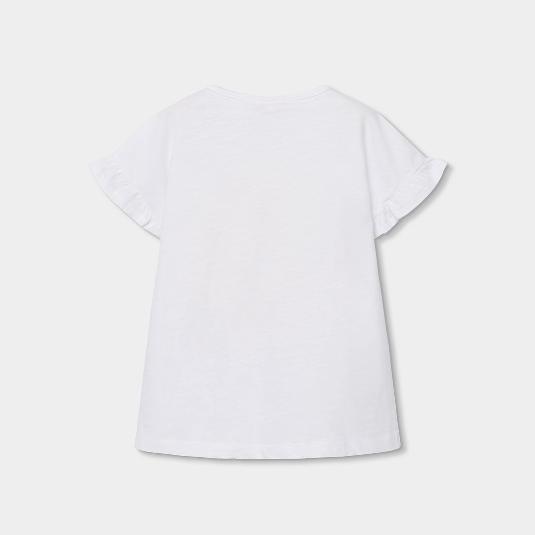 T-shirt manica corta con volano e applicazione