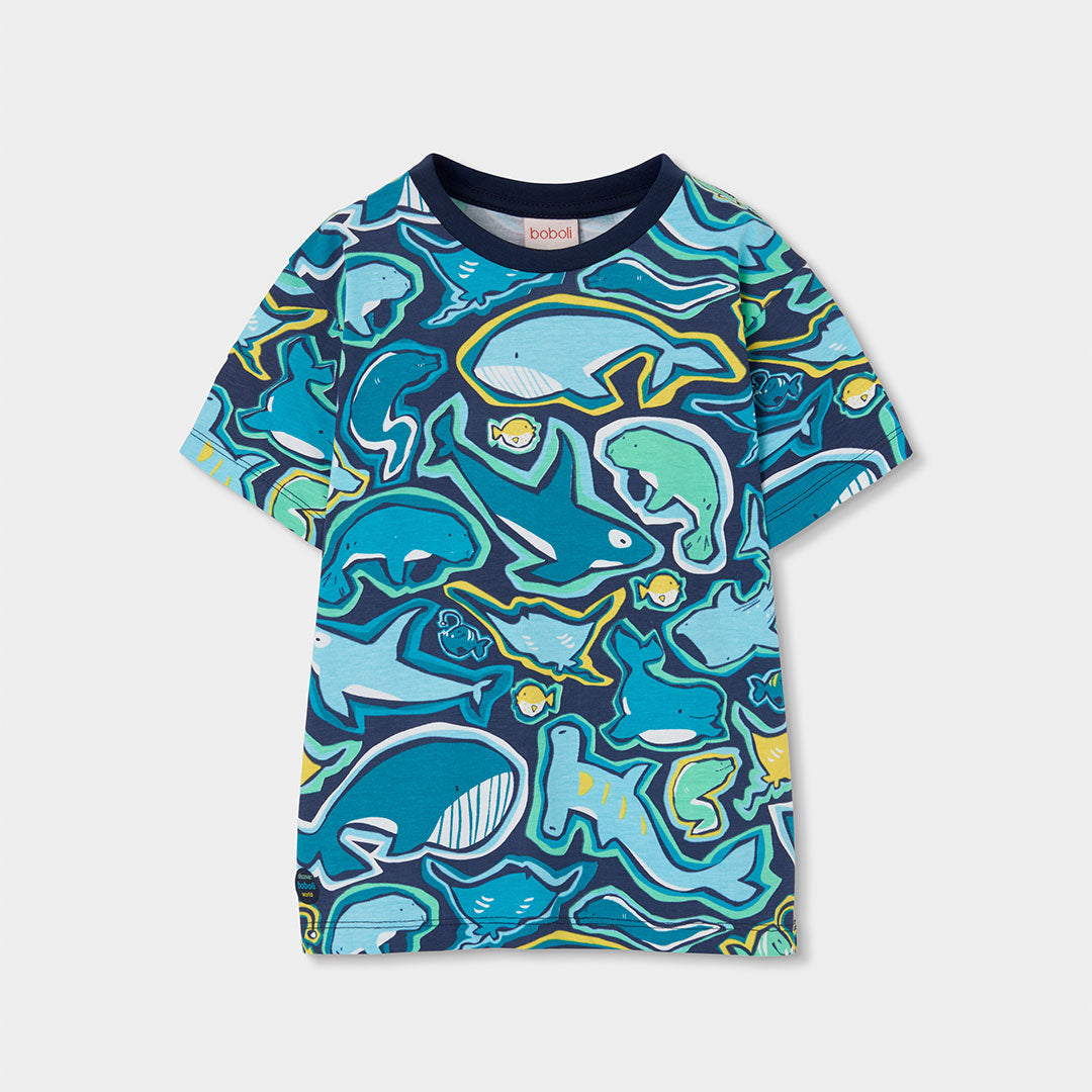 T-shirt mezza manica blu balene e foche