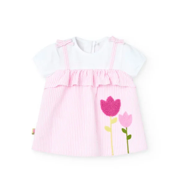 Vestito bianco e rosa a righe con tulipani